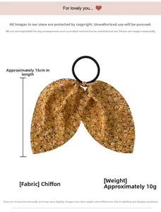 Détails du chouchou en mousseline florale avec dimensions, longueur 15 cm et matériau de 10 g