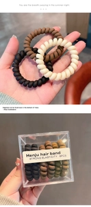 Detail of multi-color matte spiral hair ties set with high elasticity in clear box