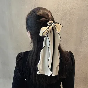 Élégant Chouchou en Satin à Nœud Avec Fausse Künstliche Perle Long Ruban Streamer Style Coréen Passepoil Contrasté pour Femmes Filles