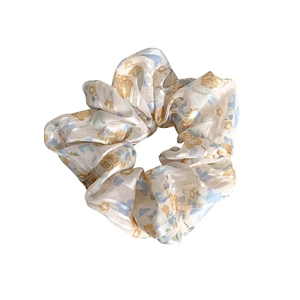 Chouchou élégant en satin champagne avec motifs floraux délicats bleu et orange pour femme