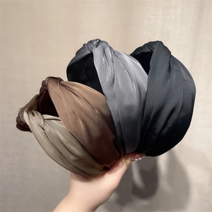 Pleated wide knotted headbands for women in brown, grey, and black satin silk texture
