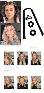 Macro detail of 4pcs black heatless hair curler set with scrunchies and hair clip