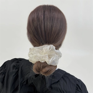 Elegante elastico in mesh crema con paillettes argentate indossato su uno chignon