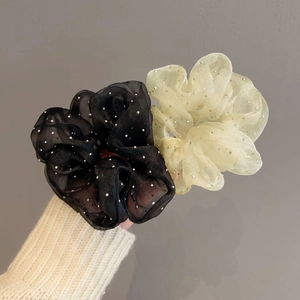 Set di due elastici per capelli in rete a pois nero e champagne con glitter argentati fini