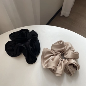 French style oversized satin scrunchies in black and champagne colors with wavy ruffles