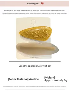 Close-up of acetic acid hair clips in yellow teardrop and grey wave designs with gold flakes
