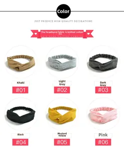 Detail showing elastic knotted cotton headbands in khaki, grey, yellow, and pink colors