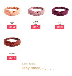 Detailed grid of ribbed knit elastic headbands in pink, burgundy and caramel shades