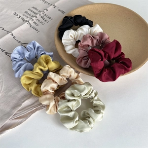 Elegant set of 8 colorful satin scrunchies with pleated silk texture and soft gloss