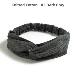 Detail view of a dark grey knitted cotton twist headband with vertical ribbed texture