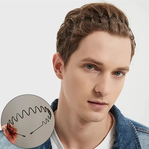 Men's black wavy metal hairband for sports shown on model and in close-up detail