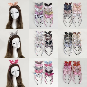 Girls Cute Cloth Rabbit Ear Headbands With Bow Sweet Floral Polka Dot Bowknot Hair Hoop Accessory For Kids Toddler Decoration Gift