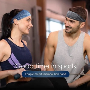 Elastic sports headbands for couples in blue stripes and grey breathable knit fabric
