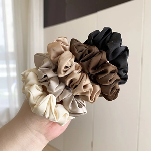 Set of five silk satin hair scrunchies in cream champagne brown and black neutral colors