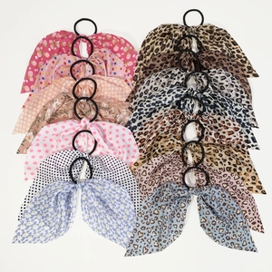 15-piece set of girls floral and leopard print hair ties with long bow ribbons