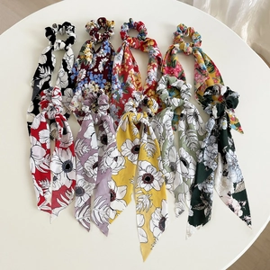 Floral Print Ribbon Scrunchies Chiffon Bow Hair Ties Ponytail Holders Women Girls Elegant Elastic Hair Accessories
