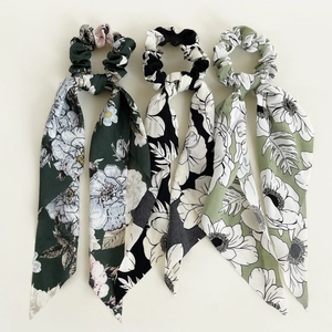 Floral print hair scrunchies with long ribbons in dark green, black and light green