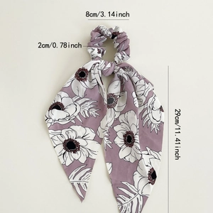 Floral print hair scrunchie with long ribbons in lilac purple with white flowers