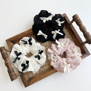 Lace Mesh Bowknot Artificial Pearl Scrunchies Large Elastic Hair Ties For Women Vintage Ballet Style Sweet Hair Accessories Ponytail Holder