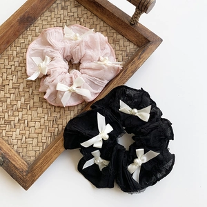 Lace bow scrunchies set in pink and black with elegant pearls and polka dot mesh