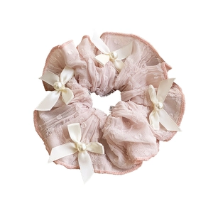 Pink lace scrunchie with white satin bows and faux pearls in elegant balletcore style