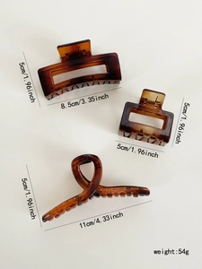 Detailed sizes of three amber tortoise shell hair claws in resin with polished finish