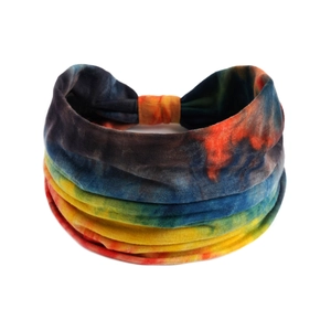 Fascia per capelli yoga tie-dye arcobaleno in tessuto elastico con nodo sul retro
