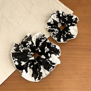 Elegant ink floral scrunchie set with black and white prints on high-quality chiffon fabric