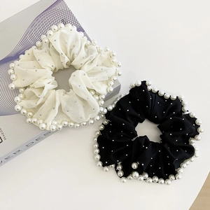 French Elegant Artificial Pearl Embroidered Mesh Scrunchies For Women Large Chiffon Hair Tie With Rhinestones Hepburn Ponytail Holder