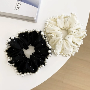Set of large chiffon hair scrunchies in black and beige with pearls and rhinestones