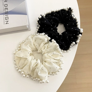 Large mesh hair scrunchies with pearls and rhinestones in black and off-white colors