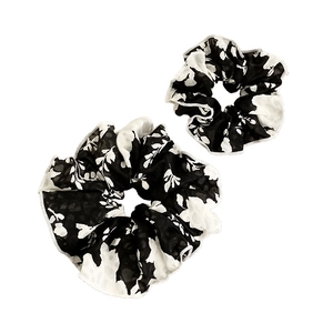 French style floral print hair scrunchies set in elegant black and white ink pattern