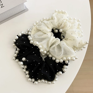 Large embroidered mesh hair scrunchies with pearls and rhinestones in black and cream