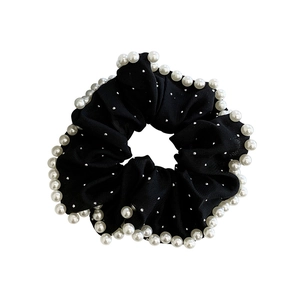 Large black organza scrunchie with white pearls and sparkling rhinestone accents