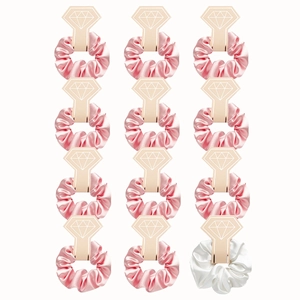 12-piece set of elegant satin silk scrunchies in pink and white with diamond display cards