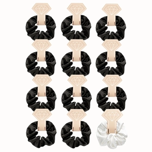 12-piece satin scrunchies set with 11 black and 1 white hair ties on diamond cards