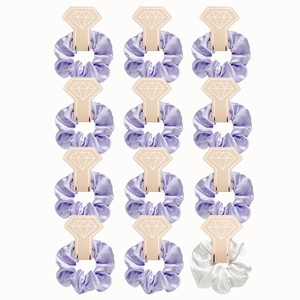 Set of 12 satin hair scrunchies in purple and white on bridal card displays