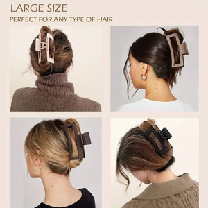 Large matte hair claw clips in various colors shown on different hair types and styles