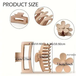 Matte beige hair claw clips set including rectangular and flower shapes with size details