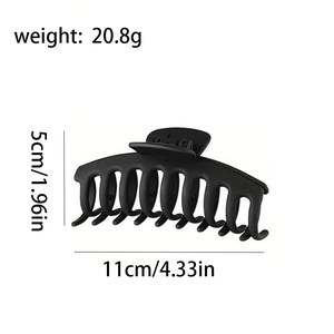 Detail showing dimensions 11cm length and 5cm height of matte black floral hair claw clip
