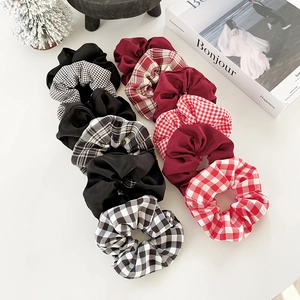 Elegant plaid scrunchies set in black and burgundy tones for high-elasticity hair styling