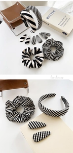 Detail of French vintage black and white striped headband and gingham hair accessories set