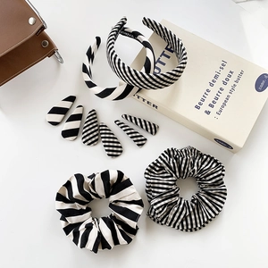 Korean Style Black And White Striped Checkered Fabric Headband Hair Clips Scrunchie Set Simple Fashion Hair Accessories For Women