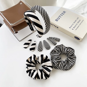 Minimalist black and white striped hair accessories set with headband and clips