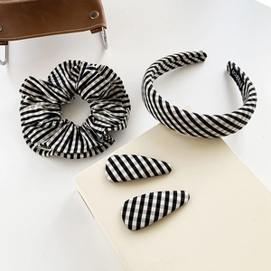 Minimalist black and white gingham hair accessories set including headband and scrunchie
