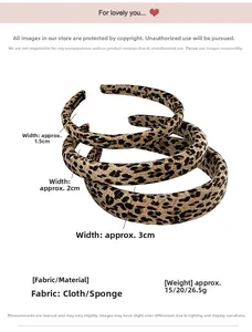 Three leopard print headbands in 1.5cm, 2cm, and 3cm widths showing fabric texture and size