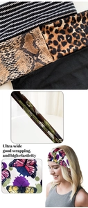 Detailed view of ultra-wide high elasticity headbands in leopard and bohemian prints