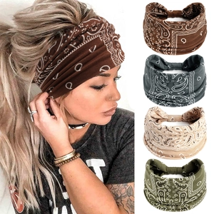 Bandeaux yoga bohème à motif paisley en marron, gris, beige et vert armée pour femmes