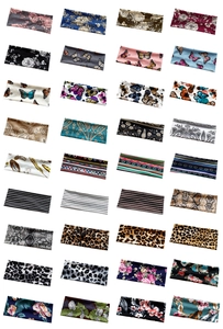 Detailed grid of 36 yoga headbands featuring various vintage paisley and floral patterns
