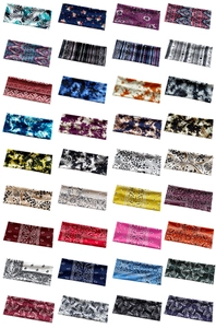 Macro display of 32 bohemian style patterned yoga headbands with diverse floral and tribal prints